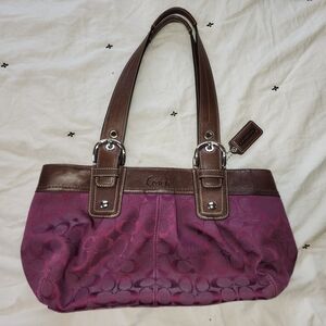 Vintage Plum Coach Soho Signature Canvas Shoulder Bag with Brown Leather Trim